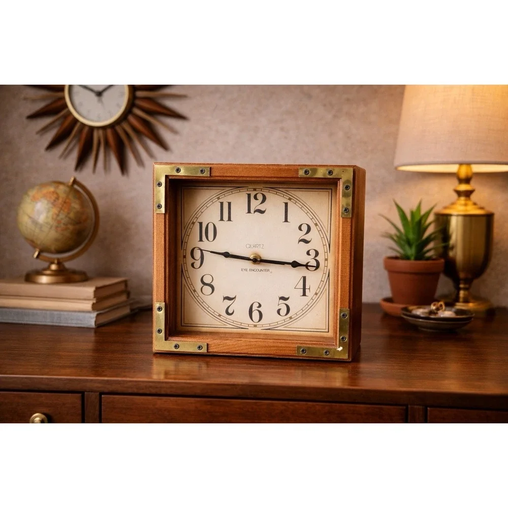 Vintage Rustic Wooden Clock with Brass Corners‎ | Mid Century Cottagecore Decor